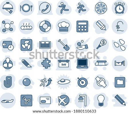 Blue tint and shade editable vector line icon set - alarm clock vector, plate spoon fork, hotel, small plane, sleigh, bulb, shovel, seeds, run, joint, molecule, lemon slice, client, barcode, folder