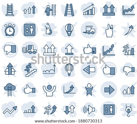 Blue tint and shade editable vector line icon set - elevator vector, alarm clock, left arrow, fork loader, right, ladder, up side sign, finger, down, volume max, uplooad, like, dislike, graph, cloud