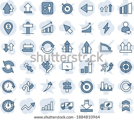 Blue tint and shade editable vector line icon set - elevator vector, signpost, left arrow, growth statistic, route, up side sign, sorting, download, update, dollar pin, bar graph, moving, cursor