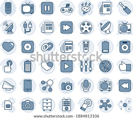 Blue tint and shade editable vector line icon set - tv vector, camera, brainstorm, satellite antenna, reel, archive chest, news, loudspeaker, gamepad, settings, microphone, remote control, network