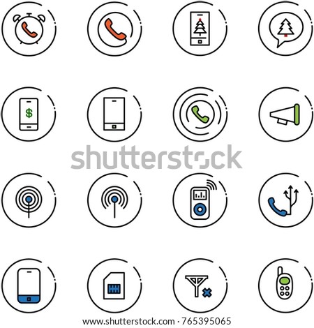 line vector icon set - phone alarm vector, christmas mobile, merry message, payment, horn, speaker, antenna, music player, sim, no signal, toy