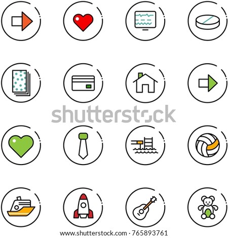 line vector icon set - right arrow vector, heart, diagnostic monitor, pill, breads, credit card, home, tie, pool, volleyball, cruiser, rocket, guitar, bear toy