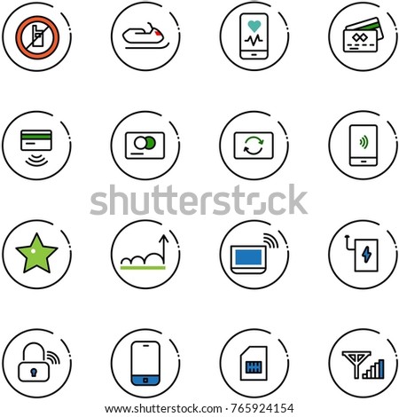 line vector icon set - no mobile sign vector, snowmobile, heart monitor, credit card, tap pay, exchange, payment, star, growth, notebook wi fi, power bank, wireless lock, phone, sim, fine signal