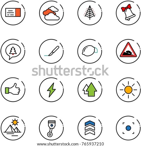 line vector icon set - ticket vector, clouds, christmas tree, bell, merry message, scalpel, lemon, steep descent road sign, like, lightning, arrow up, sun, pyramid, piston, chevron, record button