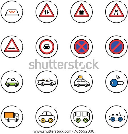 line vector icon set - taxi vector, oncoming traffic road sign, tunnel, slippery, rough, no car, stop, parking, cabrio, baggage, wireless key, truck toy, bus