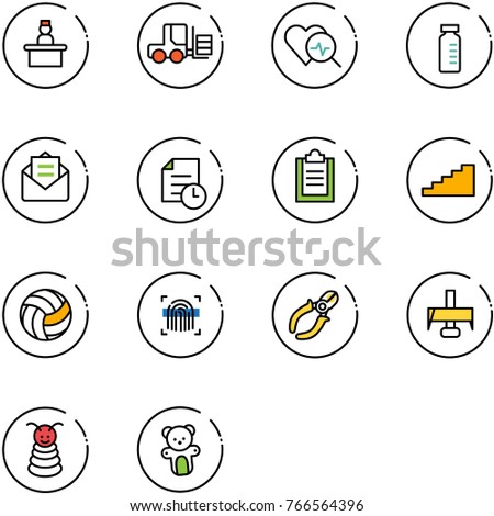 line vector icon set - recieptionist vector, fork loader, heart diagnosis, vial, opened mail, history, clipboard, stairs, volleyball, fingerprint scanner, side cutters, milling cutter, pyramid toy