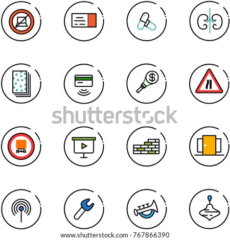 line vector icon set - no computer sign vector, ticket, pills, kidneys, breads, tap pay, money torch, Road narrows, dangerous cargo, presentation board, brick wall, doors, antenna, wrench, horn toy