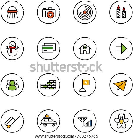 line vector icon set - shower vector, camera, radar, candle, snowman, credit card, home, right arrow, group, brick wall, flag, paper fly, suitcase, car baggage, fine signal, bear toy