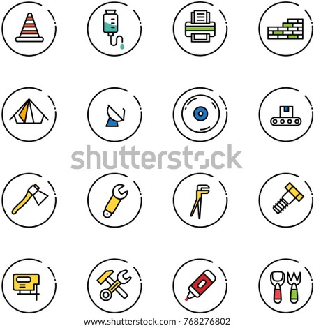 line vector icon set - road cone vector, drop counter, printer, brick wall, tent, satellite antenna, cd, conveyor, axe, wrench, plumber, bolt, jig saw, hammer, marker, shovel fork toy