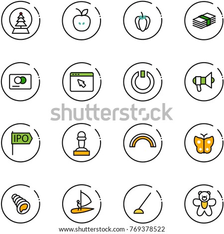 line vector icon set - snowball tree vector, apple, sweet pepper, dollar, credit card, cursor browser, standby, megaphone, ipo, pawn, rainbow, butterfly, shell, windsurfing, hoe, bear toy