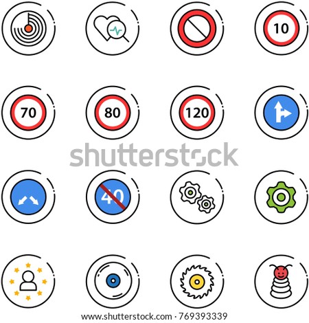 line vector icon set - radar vector, heart diagnosis, prohibition road sign, speed limit 10, 70, 80, 120, only forward right, detour, end minimal, gears, gear, star man, cd, saw disk, pyramid toy