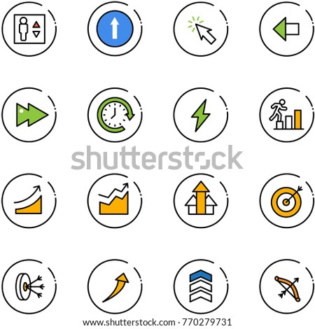 line vector icon set - elevator vector, only forward road sign, cursor, left arrow, fast, clock around, lightning, career, rise, growth, arrows up, target, solution, chevron, bow