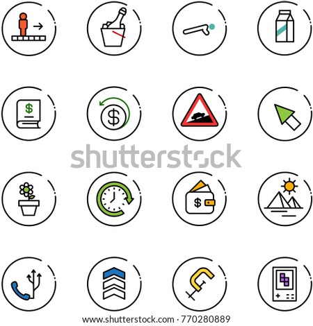 line vector icon set - travolator vector, champagne, push ups, milk, annual report, money back, climb road sign, cursor, flower pot, clock around, finance management, pyramid, phone, chevron, clamp