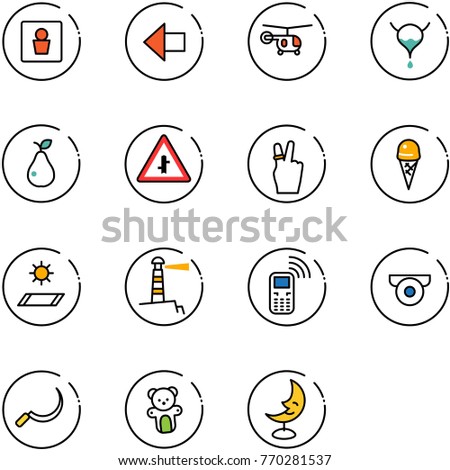 line vector icon set - male wc vector, left arrow, helicopter, bladder, pear, intersection road sign, victory, ice cream, mat, lighthouse, mobile phone, surveillance camera, sickle, bear toy