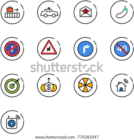 line vector icon set - baggage vector, safety car, star letter, eggplant, no parkin odd, abrupt turn right road sign, only, end minimal speed limit, target, dollar growth, parasol, wireless home