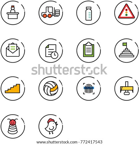 line vector icon set - recieptionist vector, fork loader, vial, traffic light road sign, opened mail, history, clipboard, pyramid flag, stairs, volleyball, fingerprint scanner, milling cutter, toy