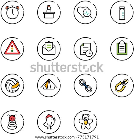 line vector icon set - alarm clock vector, recieptionist, heart diagnosis, vial, traffic light road sign, opened mail, history, clipboard, volleyball, tent, link, side cutters, pyramid toy, chicken