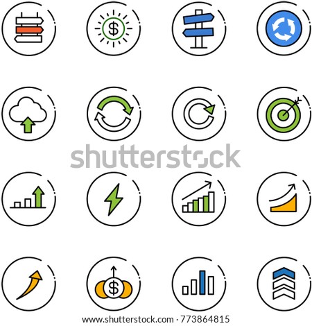 line vector icon set - sign post vector, dollar sun, road signpost, circle, upload cloud, refresh, reload, target, growth arrow, lightning, rise, chart, chevron