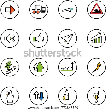 line vector icon set - right arrow vector, fork loader, push ups, climb road sign, volume max, like, paper plane, growth, career, up, victory, down arrows, winch