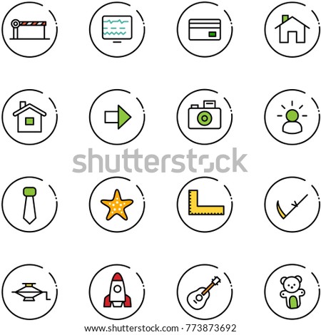 line vector icon set - barrier vector, diagnostic monitor, credit card, home, right arrow, camera, idea, tie, starfish, corner ruler, scythe, jack, rocket, guitar, bear toy