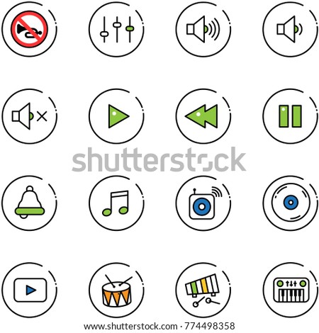 line vector icon set - no horn vector road sign, settings, volume max, low, off, play, fast backward, pause, bell, music, wireless speaker, cd, playback, drum, xylophone, toy piano