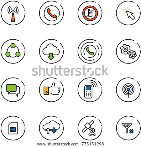 line vector icon set - antenna vector, phone, no mobile sign, cursor, social, download cloud, horn, gears, dialog, finger up, sim, exchange data, satellite, signal