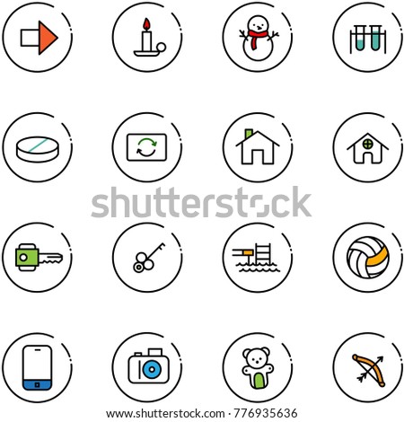 line vector icon set - right arrow vector, candle, snowman, vial, pill, card exchange, home, key, pool, volleyball, mobile phone, camera, bear toy, bow