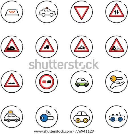 line vector icon set - taxi vector, safety car, giving way road sign, oncoming traffic, steep descent, tractor, crash, gravel, rough, no overtake, key hand, baggage, wireless, toy