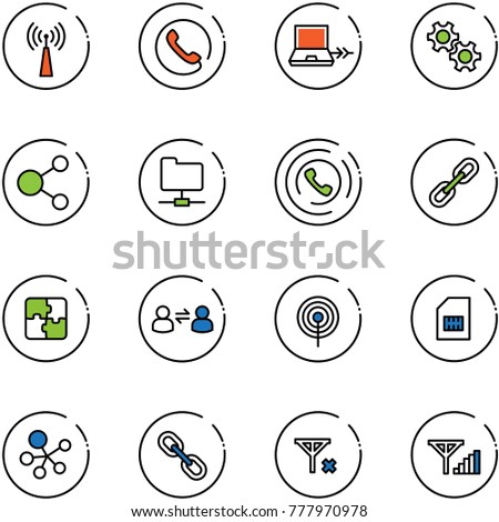 line vector icon set - antenna vector, phone, netabook connect, gear, share, network folder, horn, link, puzzle, information exchange, sim, molecule, no signal, fine
