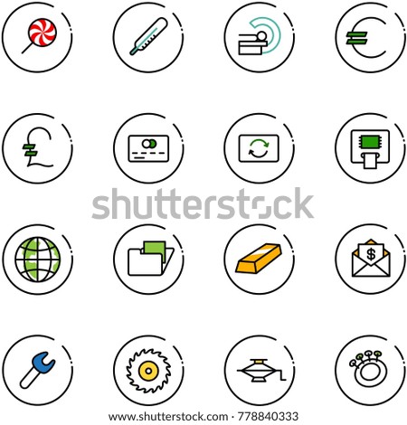line vector icon set - lollipop vector, thermometer, mri, euro, pound, credit card, exchange, atm, globe, folder, gold, mail dollar, wrench, saw disk, jack, beanbag