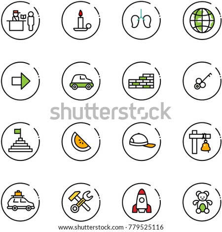 line vector icon set - passport control vector, candle, lungs, globe, right arrow, car, brick wall, key, pyramid flag, watermelone, cap, ship bell, baggage, wrench hammer, rocket, bear toy