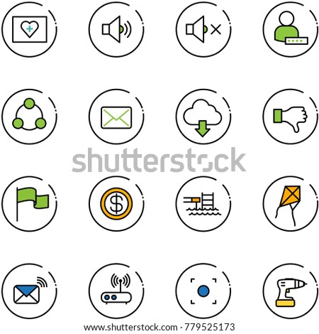 line vector icon set - first aid kit vector, volume medium, off, user password, social, mail, download cloud, dislike, flag, dollar, pool, kite, wireless, wi fi router, record button, drill