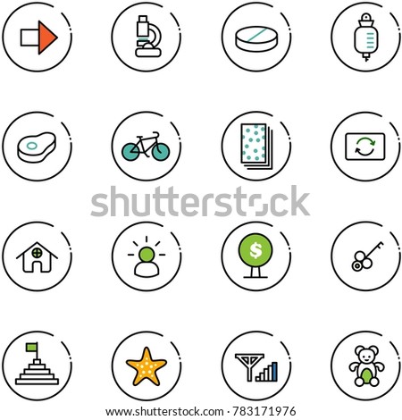 line vector icon set - right arrow vector, lab, pill, drop counter, meat, bike, breads, card exchange, home, idea, money tree, key, pyramid flag, starfish, fine signal, bear toy