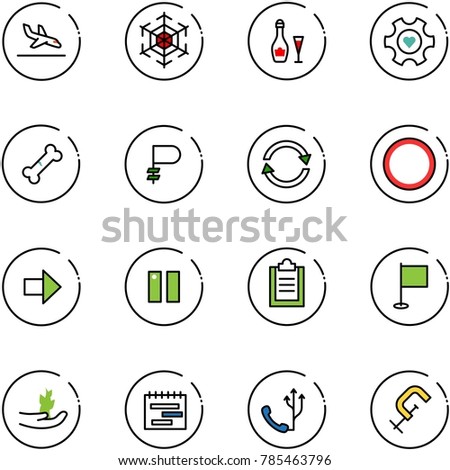 line vector icon set - arrival vector, snowflake, wine, heart gear, broken bone, ruble, exchange, prohibition road sign, right arrow, pause, clipboard, flag, hand sproute, terms plan, phone, clamp