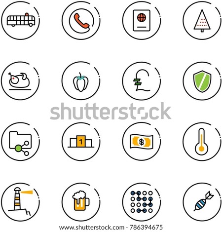 line vector icon set - airport bus vector, phone, passport, christmas tree, turkey, sweet pepper, pound, shield, shared folder, pedestal, money, thermometer, lighthouse, beer, circuit, dart