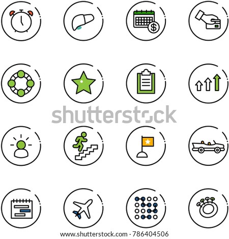 line vector icon set - alarm clock vector, liver, calendar, card pay, friends, star, clipboard, arrows up, idea, career, flag, cabrio, terms plan, plane, circuit, beanbag
