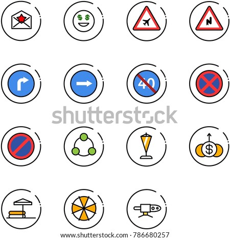 line vector icon set - star letter vector, dollar smile, airport road sign, abrupt turn right, only, end minimal speed limit, no stop, parking, social, pennant, growth, inflatable pool, parasol