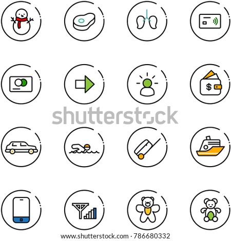 line vector icon set - snowman vector, meat, lungs, tap pay, credit card, right arrow, idea, finance management, limousine, swimming, suitcase, cruiser, mobile phone, fine signal, bear toy