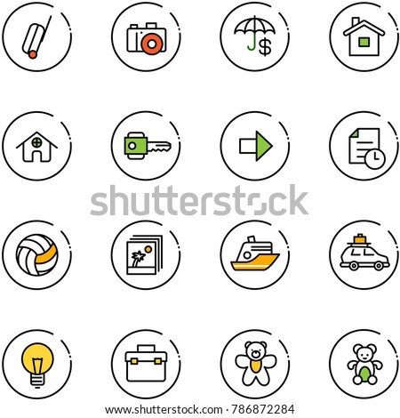 line vector icon set - suitcase vector, camera, insurance, home, key, right arrow, history, volleyball, photo, cruiser, car baggage, bulb, tool box, bear toy