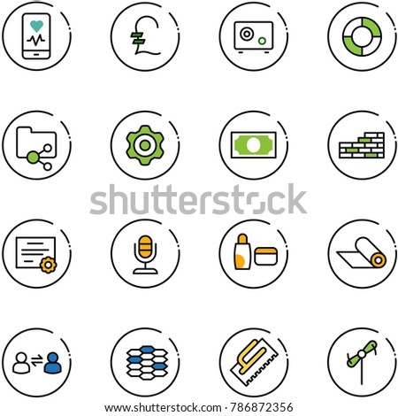 line vector icon set - mobile heart monitor vector, pound, safe, lifebuoy, shared folder, gear, money, brick wall, certificate, microphone, uv cream, mat, information exchange, carbon, trowel