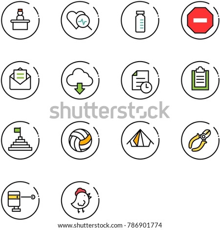 line vector icon set - recieptionist vector, heart diagnosis, vial, no way road sign, opened mail, download cloud, history, clipboard, pyramid flag, volleyball, tent, side cutters, laser lever