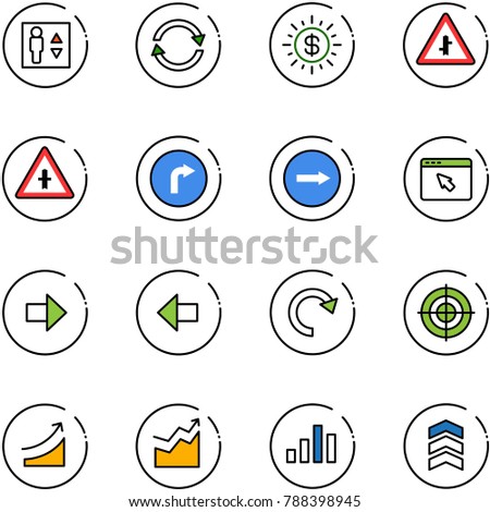 line vector icon set - elevator vector, exchange, dollar sun, intersection road sign, only right, cursor browser, arrow, left, redo, target, rise, growth, chart, chevron