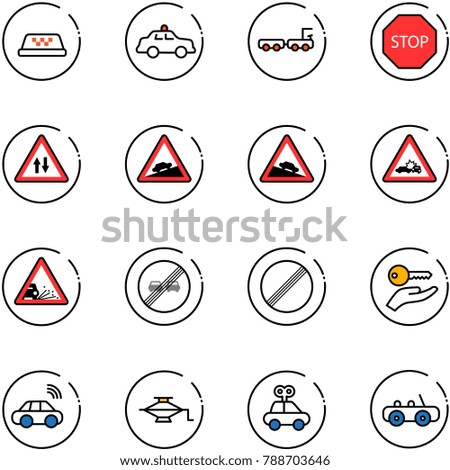 line vector icon set - taxi vector, safety car, baggage truck, stop road sign, oncoming traffic, climb, steep descent, crash, gravel, end overtake limit, no, key hand, wireless, jack, toy