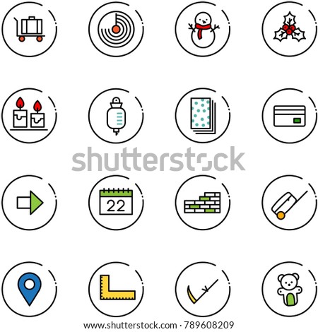 line vector icon set - baggage vector, radar, snowman, holly, candle, drop counter, breads, credit card, right arrow, calendar, brick wall, suitcase, navigation pin, corner ruler, scythe, bear toy