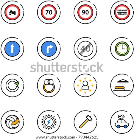 line vector icon set - no moto vector road sign, speed limit 70, 90, customs, only forward, right, end, time, reload, finger ring, star man, inflatable pool, volleyball, sun power, sledgehammer