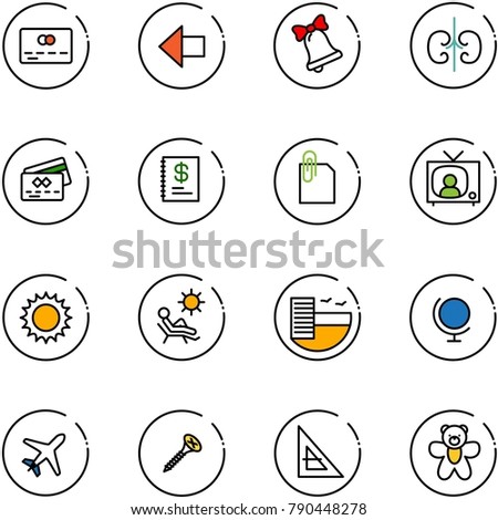 line vector icon set - credit card vector, left arrow, bell, kidneys, annual report, attachment, tv news, sun, beach, hotel, globe, plane, screw, corner ruler, bear toy