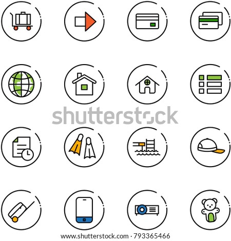 line vector icon set - baggage vector, right arrow, credit card, globe, home, menu, history, flippers, pool, cap, suitcase, mobile phone, projector, bear toy