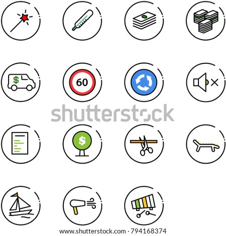 line vector icon set - Magic wand vector, thermometer, dollar, big cash, encashment car, speed limit 60 road sign, circle, volume off, document, money tree, opening, lounger, sail boat, dryer