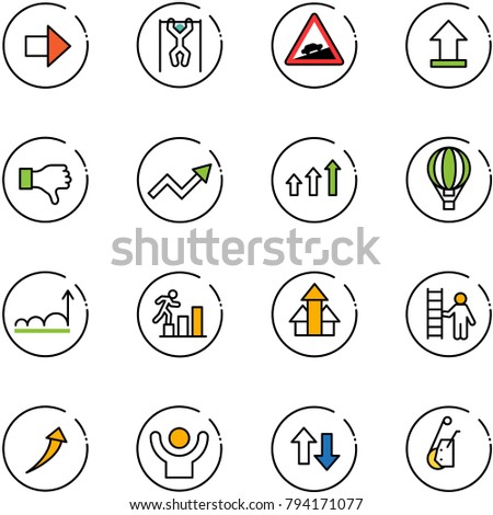 line vector icon set - right arrow vector, pull ups, climb road sign, uplooad, dislike, growth, arrows up, air balloon, career, opportunity, success, down, winch