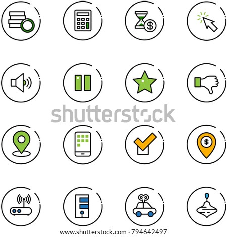 line vector icon set - coin vector, calculator, account history, cursor, volume medium, pause, star, dislike, map pin, mobile, check, atm, wi fi router, server, car toy, wirligig